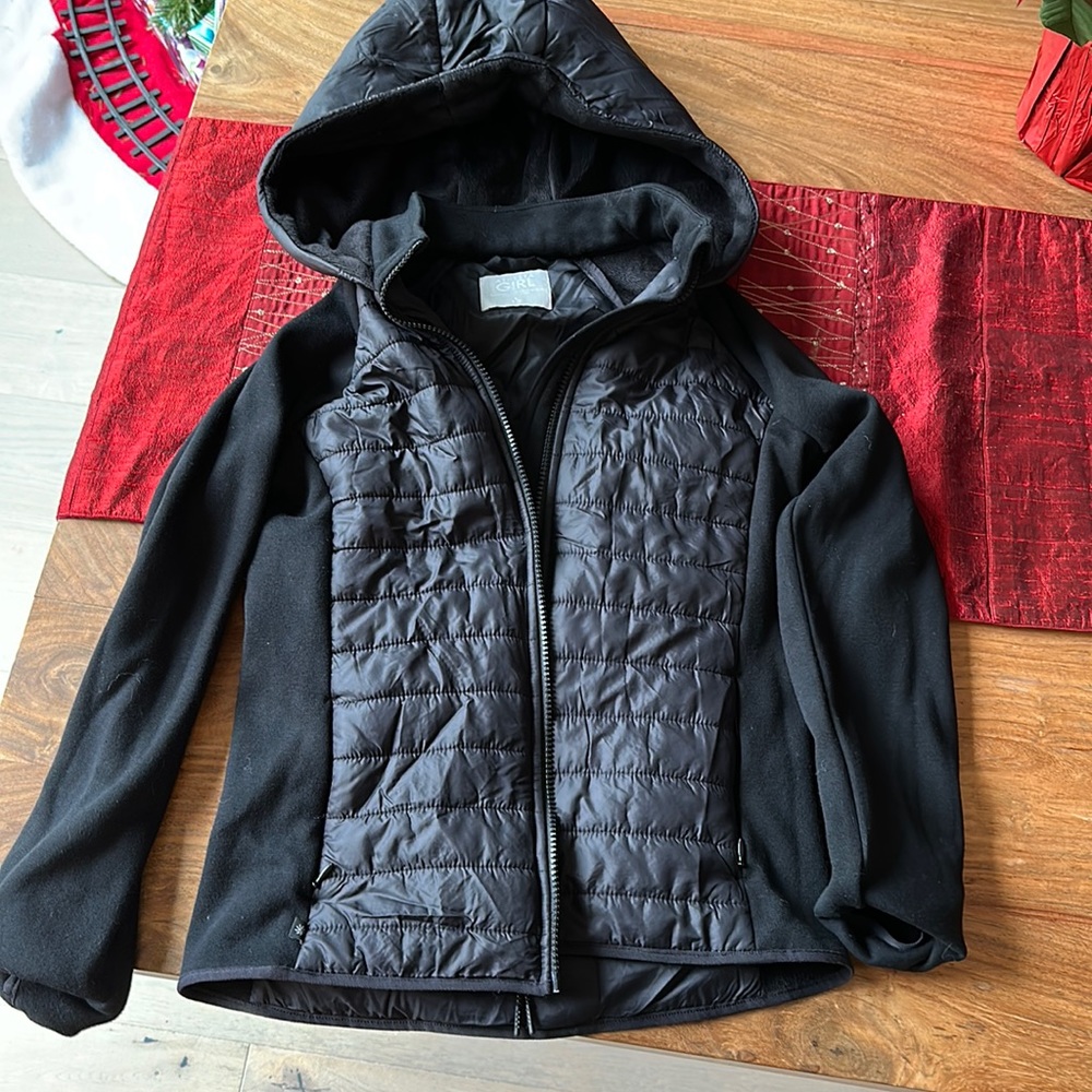 Athleta girl black puffer jacket with fleece arms, size 12